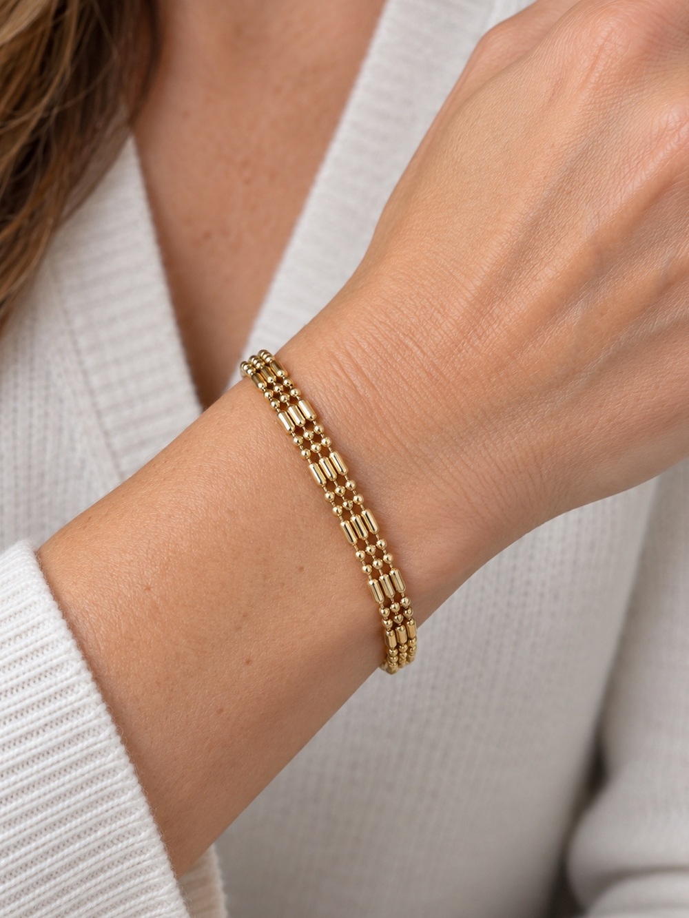 Triple Strand Gold Tone Beaded Bracelet Vintage Style Jewelry Like New